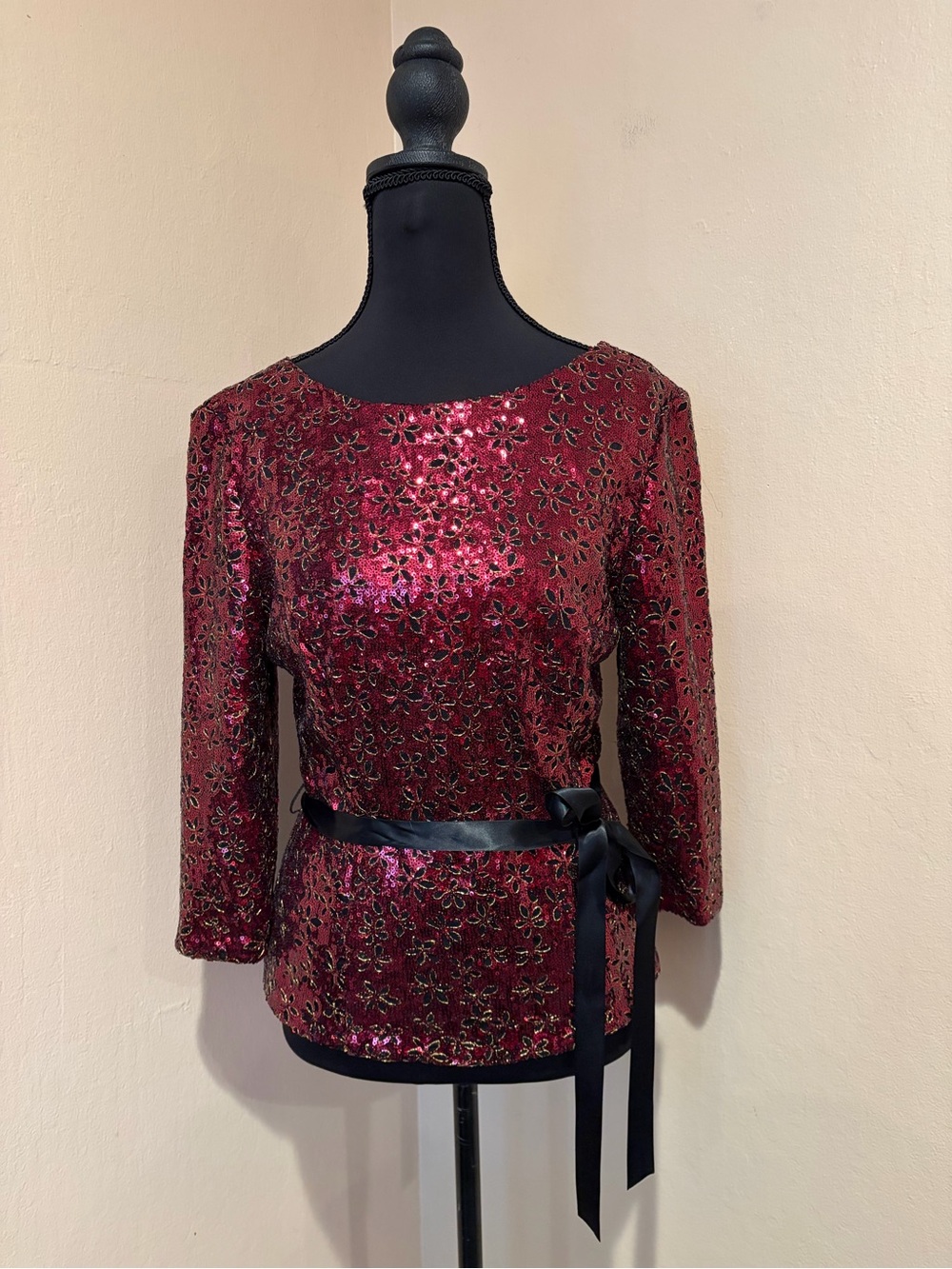 Royal Merlot Sequin Blouse, Scoop Neck, 3/4 Sleeve, Satin Sash, Back Zipper, PM